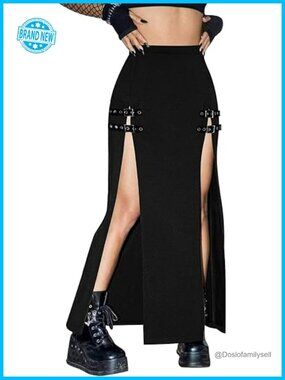 Gothic Maxi Skirt with Double Side Slits & Buckles